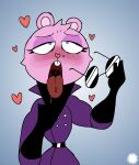 ahegao aliasing anthro armwear artist_logo artist_name blue_pupils blush bodily_fluids buckteeth cheek_tuft clothing coat curvy_figure digital_media_(artwork) drooling elbow_gloves eulipotyphlan eyelashes eyeshadow eyewear facial_tuft femboy fur glasses gloves gradient_background handwear happy_tree_friends head_tuft heart_nose heart_symbol hi_res logo looking_pleasured makeup male mammal markings mole_(animal) mole_(marking) pink_body pink_fur pupils saliva signature simple_background small_waist solo teeth text thatdawgmurray the_mole_(htf) tongue tongue_out topwear trenchcoat tuft wasp_waist wide_hips