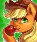  2014 apple applejack_(mlp) audrarius blonde_hair cowboy_hat earth_pony equine female friendship_is_magic fruit fur green_eyes hair hat horse mammal my_little_pony orange_fur pony portrait silly solo 