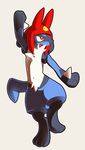  :3 ambiguous_gender blue_fur canine cosplay fur hat lucario mammal meow_(space_dandy) moffuriini_(artist) navel nintendo open_mouth plain_background pok&eacute;mon red_eyes solo space_dandy standing teeth video_games 
