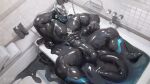 16:9 2026 abs anthro artist_logo balls barazoku bathroom bathtub biceps biomechanical black_body black_sclera blue_eyes blue_markings blue_tongue body_wash cal_(takahirosi) chest_markings faucet genitals goo_creature grey_markings hand_behind_head hi_res high-angle_view leg_markings logo looking_at_viewer lying male markings metal_head muscular muscular_anthro muscular_male nipples on_back open_mouth pecs penis rubber_duck slime solo tail takahirosi tile tile_wall tongue towel twitter_handle wall_(structure) watermark white_wall widescreen