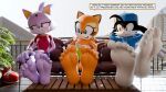 16:9 3d_(artwork) 4k 5_toes absurd_res anthro balcony bandai_namco barefoot big_feet black_body black_fur blaze_the_cat blue_clothing blue_eyes blue_hat blue_headwear blue_jacket blue_topwear blush clothing crossed_legs curling_toes dialogue digital_media_(artwork) domestic_cat embarrassed english_text eyelashes feet feetymcfoot felid feline felis female foot_fetish foot_focus foot_on_table forehead_gem fur furniture gem green_clothing green_shirt green_topwear group hat headgear headwear hi_res humanoid_feet humiliation jacket klonoa klonoa_(series) male mammal marine_the_raccoon mocking on_sofa orange_body orange_feet outside plant plantigrade procyonid purple_body purple_feet purple_fur raccoon red_clothing red_shirt red_topwear sega shirt shoes_removed sitting small_feet sofa sonic_the_hedgehog_(series) table talking_to_viewer text toes topwear trio white_feet widescreen wrinkled_feet wrinkles yellow_eyes