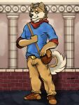 3:4 5_fingers anthro belt biped black_nose blue_clothing blue_shirt blue_topwear bottomwear brick brick_wall brown_bag brown_body brown_bottomwear brown_clothing brown_ears brown_footwear brown_fur brown_hair brown_pants brown_shoes canid canine canis closed_smile clothed clothed_anthro clothed_male clothing countershade_arms countershade_face countershade_fur countershade_hands countershade_neck countershade_tail countershading curled_tail detailed_background digital_drawing_(artwork) digital_media_(artwork) domestic_dog fingers footwear full-length_portrait fully_clothed fully_clothed_anthro fully_clothed_male fur hair humanoid_hands kazu_(oldshep) looking_aside male male_anthro mammal messenger_bag mouth_closed multicolored_body multicolored_fur oldshep pants pillar plantigrade portrait rolled_up_sleeves shaded shiba_inu shirt shoes short_hair signature smile solo spitz standing tail three-quarter_portrait topwear two_tone_body two_tone_fur wall_(structure) whisker_spots white_body white_countershading white_fur white_inner_ear