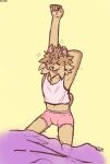 anthro bedding blanket briefs bulge canid canine canis chest_tuft clothed clothing crop_top digital_media_(artwork) domestic_dog fetch_(fortnite) hi_res male mammal midriff pink_clothing pink_underwear pomeranian shirt simple_background sitting solo spitz stretching styxyesrenegade tail text tongue tongue_out topwear tuft underwear waking_up