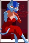 anthro applying_makeup armwear barefoot bed bed_curtains bedroom_eyes blue_body blue_eyes blue_fur blue_hair border breasts bunnymisu canopy_bed claw_pose claws clothing crossed_legs curved_tail detailed_background domestic_cat dress elbow_gloves feet felid feline felis female finger_claws fur furniture glistening glistening_hair gloves grin hair handwear handwritten_text harsh_lighting heart_symbol hi_res humongous_entertainment inner_ear_fluff lips lipstick long_hair looking_at_viewer makeup mammal motion_lines narrowed_eyes on_bed personal_grooming pink_nose pupils red_clothing red_dress red_lips red_lipstick red_text russian_blue_(spy_fox) scarf seductive signature sitting sitting_on_bed smile smiling_at_viewer solo spy_fox_(series) tail text tuft white_claws