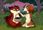 2026 anthro basket beagle blue_collar blue_eyes blueberry_(fruit) blush breasts brown_body brown_eyes brown_fur canid canine canis closed_smile collar collar_only colored container countershading dated digital_drawing_(artwork) digital_media_(artwork) domestic_dog duo eye_contact featureless_breasts female floppy_ears food forest_background fox fruit fur grass heart_symbol hearts_around_head holding_basket holding_container holding_object hunting_dog kneeling looking_at_another mammal mating_season_(series) mouth_closed nude on_grass on_ground outside penelope_(mating_season) picnic_basket plant red_body red_fox red_fur romantic romantic_ambiance scent_hound scooterdoodles signature smile summer_(mating_season) true_fox white_body white_countershading