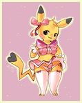  2014 anthro balls briefs clothing cosplay_pikachu_(species) dickgirl fur green_eyes hair humanoid intersex legwear looking_at_viewer mammal nintendo open_mouth penis pikachu pikachu_pop_star pikachu_pop_star_(species) pink_background plain_background pok&eacute;mon pop ribbons skirt smile solo standing star stockings tongue underwear video_games yellow_fur zanthu 