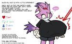 2026 absurd_res accessory anthro big_breasts black_clothing black_nose black_shirt black_topwear blaze_the_cat bodily_fluids bottomwear breast_expansion breasts clothing colored dialogue digital_media_(artwork) domestic_cat donation_drive english_text expansion eyelashes felid feline felis female flat_colors forehead_gem gem gloves grey_bottomwear grey_clothing grey_shorts hair hair_accessory hairband hand_on_breast hand_on_own_breast handwear heart_symbol hi_res huge_breasts klacket looking_at_breasts looking_at_own_breasts looking_at_self looking_down looking_down_at_self mammal multicolored_body nipple_outline portrait purple_body purple_ears purple_hair purple_tail red_gem red_hairband sega shirt shorts simple_background solo sonic_the_hedgehog_(series) speech_bubble sweat sweatdrop tail tan_inner_ear teeth text three-quarter_portrait three-quarter_view topwear two_tone_body white_background white_body white_clothing white_gloves white_handwear yellow_eyes