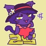 1:1 3_fingers 90_percent_studios 90percentdenny anthro black_clothing black_hat black_headwear chibi clothing coco_grimalkin crossed_legs domestic_cat dress felid feline felis female fingers flower flower_accessory fur hair hat headgear headwear mammal number plant promotional_material purple_body purple_fur purple_hair purrfect_apawcalypse red_clothing red_dress sitting smile smug_face solo tail white_flower yellow_eyes
