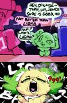2026 2_panel_comic ambiguous_feral ambiguous_focus ambiguous_gender archived_source ash_baby_(meme) black_text boots canid canine canis clothed clothed_human clothed_male clothing comic damage_numbers detailed_background dialogue digital_media_(artwork) disintegration domestic_dog duo english_text exclamation_point eyebrows female_(lore) feral feral_focus footwear fur furniture green_body green_ears green_eyes green_fur green_pawpads green_speech_bubble handwritten_text hat headgear headwear human humor jewelpet ligma ligma_(artist) looking_at_another looking_at_viewer male male_human mammal meme multicolored_body multicolored_fur neck_tuft number open_mouth papillon pawpads paws peridot_(jewelpet) pink_speech_bubble pink_tongue pixel_(artwork) question_mark sanrio sega sega_fave shaded shirt shoes solo_focus speech_bubble table talking_feral talking_to_another teeth text tongue topwear toy_dog tuft white_sclera white_text yellow_body yellow_fur
