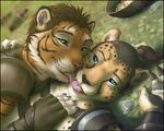  2014 anthro armor cheetah couple cute drugs duo eye_contact feline gay hair holding khajiit kissing leather lying male mammal spots stripes the_elder_scrolls tiger video_games zen 