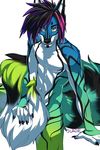  anthro bedroom_eyes big_tail black_markings blue_fur canine colorful cyan_fur ear_piercing fluffy_tail fox fur green_fur hair long_tail male mammal markings multicolored_hair nude piercing pink_hair purple_fur purple_hair satsukii slade_xanthas smile solo sparkledog 