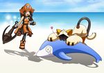  &gt;_&lt; :3 absurdres anchor animal_ears beach blazblue boots brown_hair cat_ears cat_tail closed_eyes cloud crying day dolphin eating fingerless_gloves gloves guilty_gear hat heart highres hood hooded_jacket jacket may_(guilty_gear) multiple_girls ocean orange_eyes orange_hat pirate_hat red_eyes sand skull_and_crossbones tail taokaka weapon x3 
