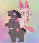 2026 alternate_color ambiguous_gender anthro arched_back bdsm belly blue_claws blush bow_(anatomy) clawing claws collar digital_media_(artwork) duo eeveelution eyes_closed eyeshadow feral fur generation_2_pokemon generation_6_pokemon grabbing_from_behind grey_body hi_res leash leash_pull looking_back makeup markings multicolored_body navel nintendo nonbinary_(lore) open_mouth overweight petplay pokemon pokemon_(species) purple_eyes ray_karr ribbons riding_on_back roleplay romantic romantic_couple sharp_fangs sharp_teeth simple_background smile standing submissive sylveon tail tail_motion tailwag teeth tongue trans_(lore) two_tone_body typhlosion white_body