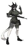 2026 absurd_res anthro battle_rifle big_breasts black_hair bottomwear breasts chabett clothing collar dragon eyebrows eyelashes female footwear grey_body gun hair heckler_and_koch hi_res hk_33 horn mythological_creature mythological_scalie mythology non-mammal_breasts non-mammal_hair pgm300 ranged_weapon red_eyes rifle scalie shirt shoes shorts smile solo topwear weapon white_body wingless_dragon