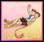 anthro black_border border bottomwear clothing conjoined domestic_cat duo felid feline felis hand_holding hand_on_belly haplorhine hi_res human hydez lying male male/male mammal merging monkey on_back pattern_background pawpads plantigrade primate shirt shorts simple_background tail tank_top topwear transformation