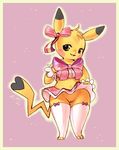  2014 anthro breasts clothing cosplay_pikachu_(species) cute female fur green_eyes hair legwear looking_at_viewer mammal nintendo open_mouth pikachu pikachu_pop_star pikachu_pop_star_(species) pink_background plain_background pok&eacute;mon pok&eacute;morph pussy ribbons skirt smile solo standing stockings tongue video_games yellow_fur zanthu 