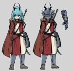2025 animal_humanoid armor bedroll belt blue_hair buckle cloak clothing dragon dragon_humanoid dragon_knight_(probablyavv) dragon_tail femboy greatsword green_eyes hair headgear heater_shield helmet horn humanoid knight male melee_weapon model_sheet mythological_creature mythological_scalie mythology ornamental_armor pauldron plate_armor probablyavv scalie shield simple_background smile solo sword tabard visor warrior weapon