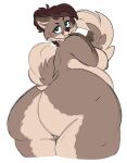 2020 anthro areola belly big_breasts big_butt blue_eyes breasts brown_areola brown_eyebrows brown_hair brown_nipples brown_nose butt canid canine colored_sketch eyebrows eyelashes female fingers flat_colors fox hair hair_bun hi_res holding_own_tail holding_tail huge_butt looking_at_viewer looking_back looking_back_at_viewer low-angle_view mammal mulberrytarthorse nipples nude overweight overweight_female simple_background sketch smile solo tail thick_thighs white_background