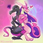 1:1 2024 2_heads 2_tails 3_toes annoyed anthro artist_name black_body chromatic_aberration conjoined digital_media_(artwork) feet female generation_7_pokemon heart_symbol hi_res implied_transformation lovander merging mkiiiconvertible multi_head multi_tail nintendo pal_(species) palworld pink_body pocketpair pokemon pokemon_(species) purple_eyes salazzle scalie simple_background smile snout solo standing tail text toes
