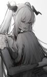  2girls absurdres alpha_(pgr) black_horns closed_mouth commentary_request from_behind gi_ra1 hair_between_eyes half-closed_eyes head_rest highres horns hug long_hair luna_(pgr) multiple_girls punishing:_gray_raven simple_background twintails upper_body very_long_hair white_background 
