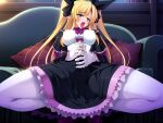  1girl ahegao blonde_hair blush bow breasts couch covered_nipples cum cum_in_clothes cum_on_clothes dress elf frills futanari futanari_masturbation game_asset genderswap genderswap_(mtf) gloves gothic_lolita hair_ribbon himekishi_olivia large_breasts lolita_fashion long_hair masturbation nakano_sora non-web_source official_art open_mouth pantyhose pillow pointy_ears ribbon rolling_eyes self-datamine sexually_suggestive solo spread_legs squatting tier_(himekishi_olivia) tongue tongue_out twintails variant_set visual_novel_cg white_gloves white_pantyhose 