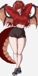  1girl abs alternate_costume arms_behind_back arms_up black_shoes black_shorts commentary cropped_hoodie dragon_girl dragon_horns dragon_wings highres hood hoodie horns long_hair looking_at_viewer meibin open_mouth ponytail red_hair red_hoodie red_tail shoes shorts sneakers socks_agency solo toned toned_female tongue tongue_out virtual_youtuber wings yellow_eyes zentreya zentreya_(dragon) 