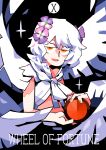  1girl angel_wings black_background card_(medium) commentary_request cropped_torso english_text flower front-tie_top hair_flower hair_ornament highres holding jitome kudou_chitose kudou_chitose_(1st_costume) looking_at_viewer medium_hair multiple_wings nijisanji nogugera open_mouth orange_eyes pink_hair roman_numeral shirt simple_background sleeveless sleeveless_shirt solo sparkle tarot tarot_(medium) virtual_youtuber wheel_of_fortune_(tarot) white_hair white_shirt white_wings wings 