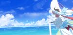  1girl absurdres back_ribbon backless_dress backless_outfit blue_archive blue_sky brown_horns commentary_request day demon_wings dress facing_ahead from_side halo hat hat_ribbon highres horizon horns horns_through_headwear jinrou_mangfu junko_(blue_archive) long_hair low_wings ocean outdoors railing red_hair red_halo red_wings ribbon ring_of_light_(blue_archive) simple_bird sky solo sun_hat twintails white_dress white_hat wings 