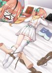  1girl absurdres ball_gag blue_archive book bound_ankles bow chinese_commentary closed_eyes commentary_request commission disembodied_hand feathered_wings gag gagged glasses green_bow hair_bow head_wings highres indoors kneehighs lying no_shoes on_bed on_stomach orange_hair orange_sailor_collar orange_wings pleated_skirt sailor_collar school_uniform second-party_source serafuku shimiko_(blue_archive) shirt single_kneehigh single_sock single_thighhigh skirt sleeping socks soles solo thighhighs twintails white_shirt white_skirt white_socks white_thighhighs wings yanx5 