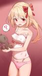  1girl ? absurdres blonde_hair blush bow bow_panties breasts camisole commentary_request covered_nipples cowboy_shot doroidoando flandre_scarlet hair_bow highres holding holding_stuffed_toy long_hair looking_at_viewer missing_wings one_side_up open_mouth panties pink_panties red_background red_bow small_breasts solo spoken_question_mark strap_slip stuffed_animal stuffed_toy teddy_bear thighs touhou underwear white_camisole 
