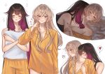  !? 2girls bite_mark bite_mark_on_breast bite_mark_on_neck bite_mark_on_thigh black_hair black_tank_top blue_eyes blush brown_hair calermine columbina_(genshin_impact) commentary genshin_impact gradient_hair heart hickey highres kiss kissing_neck long_hair multicolored_hair multiple_girls one_eye_closed pants purple_hair sandrone_(genshin_impact) shirt simple_background spoken_heart squiggle tank_top white_background yellow_pants yellow_shirt yuri 