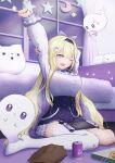  1girl absurdres arm_up asymmetrical_legwear bag bed black_hairband black_nails blonde_hair bow breasts buttons can commentary_request crescent crescent_hair_ornament curtains food game_console ghost hair_between_eyes hair_bow hair_intakes hair_ornament hairband hazuki_rui_(vtuber) highres indoors kigi_miduki long_hair long_sleeves mismatched_legwear nail_polish nintendo_switch one_eye_closed open_mouth paw_print pizza pizza_box puffy_long_sleeves puffy_sleeves purple_bow purple_eyes shirt single_thighhigh sitting sparkle_print star_(symbol) stellaverse_production stretching thighhighs underbust virtual_youtuber wariza white_shirt white_thighhighs window 