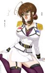  1girl ahoge arm_support belt black_belt black_choker blush bra breast_pocket breasts brown_hair chamumi_(mochiumee) choker cleavage commentary_request epaulettes female_admiral_(kancolle) fingerless_gloves folded_ponytail gloves green_eyes hair_between_eyes jacket kantai_collection large_breasts looking_to_the_side military_uniform mole mole_on_breast mole_under_mouth open_mouth pocket purple_bra purple_thighhighs sidelocks sitting skirt tearing_up thighhighs translation_request underwear white_gloves white_jacket white_skirt yokozuwari 