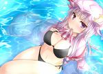  arm_support bikini black_bikini blush breasts capelet cleavage coat crescent crescent_hair_ornament hair_ornament hair_ribbon hat large_breasts long_hair mob_cap mouth_hold navel open_clothes open_coat partially_submerged patchouli_knowledge purple_eyes purple_hair ram_hachimin ribbon shirt shirt_in_mouth shirt_lift side-tie_bikini sitting solo swimsuit touhou tress_ribbon very_long_hair water 