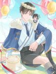  1boy 1girl balloon black_boots black_hair black_shorts blue_cloak blue_necktie blue_sky boots bow bowtie brown_hair cake chibi cloak commentary_request eren_yeager food foot_out_of_frame fur-trimmed_cloak fur_trim gold_trim grey_socks hair_between_eyes head_wreath highres light_smile liu_ruo looking_at_viewer mikasa_ackerman necktie sash shingeki_no_kyojin shirt short_hair shorts sitting sitting_on_shoulder size_difference sky socks streamers white_bow white_bowtie white_sash white_shirt 