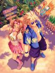 1boy 1girl aerith_gainsborough ahleckss alternate_costume animal_print armor artist_name aviator_sunglasses bare_shoulders beach bird_print black_shorts blonde_hair blowing_bubble_gum blue_shoes bracelet braid braided_ponytail breasts brown_hair cargo_shorts chewing_gum chocobo cleavage cloud_strife cloud_strife_(ocean_chocobo) couple eyewear_on_head fence final_fantasy final_fantasy_vii final_fantasy_vii_rebirth final_fantasy_vii_remake flower flower_necklace from_above gold_armor green_eyes hair_ribbon hand_in_own_hair hand_in_pocket hawaiian_shirt heart heart-shaped_eyewear hetero holding_hands interlocked_fingers jewelry lei long_hair medium_breasts midriff miniskirt navel necklace one_eye_closed open_clothes open_shirt parted_bangs pink-tinted_eyewear pink_ribbon pink_shoes pink_skirt pink_socks print_tank_top purple-tinted_eyewear ribbon shirt shoes short_hair shorts sidelocks signpost single_braid skirt socks spiked_hair sunglasses tank_top tinted_eyewear visor_cap 