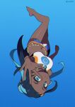  1girl absurdres barefoot black_hair blue_background blue_eyes blue_hair blue_shorts closed_mouth commentary cropped_shirt highres long_hair looking_at_viewer mengmao_zhuyue multicolored_hair navel nessa_(pokemon) pokemon pokemon_sword_and_shield reaching reaching_towards_viewer shirt shorts simple_background smile solo untranslatable_commentary upside-down white_shirt 