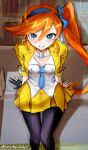  1girl :d absurdres ace_attorney athena_cykes black_gloves black_pantyhose blue_bow blue_eyes blue_hairband blue_necktie bow bow_hairband breasts collared_shirt commentary_request couch crescent crescent_earrings cropped_jacket earrings from_above gloves hair_between_eyes hair_bow hairband highres indoors jacket jewelry long_hair looking_at_viewer medium_breasts necklace necktie on_couch open_clothes open_jacket open_mouth orange_hair pantyhose partially_fingerless_gloves shirt side_ponytail single_earring single_glove sitting skirt smile solo tompy_(everyday_bunny3) twitter_username very_long_hair white_shirt yellow_jacket yellow_skirt 