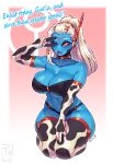  1girl absurdres alien animal_print blue_skin blush breasts cleavage colored_skin cow_print cow_print_thighhighs el_trenuk elbow_gloves english_text fewer_digits gloves high_ponytail highres large_breasts long_hair looking_at_viewer no_nose one_eye_closed ponytail print_thighhighs propaganda red_eyes solid_eye solid_eyes solo t'au thick_thighs thighhighs thighs tongue tongue_out v warhammer_40k white_hair 