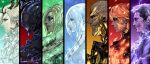  2girls 5boys armor aska_makoto barnabas_tharmr benedikta_harman black_armor black_border black_jacket blonde_hair blue_eyes blue_vest border breasts cidolfus_telamon cleavage closed_mouth commentary_request dion_lesage dragon_horns earrings electricity embers facial_mark final_fantasy final_fantasy_xvi fire grin helmet highres horns hugo_kupka jacket jewelry jill_warrick joshua_rosfield long_hair medium_breasts multiple_boys multiple_girls parted_lips pauldrons profile short_hair shoulder_armor smile teeth transformation upper_body very_short_hair vest visor_(armor) white_hair 