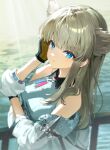  1girl arknights arknights:_endfield bare_shoulders blue_eyes blurry blurry_background collared_shirt commentary contrast_collar day grey_hair hand_in_own_hair hand_on_own_elbow hand_up highres jacket light_blush long_hair looking_at_viewer off_shoulder perlica_(arknights) railing shirt solo sunlight upper_body white_jacket white_shirt yellow_pupils yoppie_ovo 