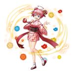  1girl :d ahoge artist_request aura black_nails black_sash blue_eyes blue_flower breasts double_bun fang flip-flops floral_print floral_print_kimono flower full_body game_asset grand_summoners hair_bun hair_ornament hands_up holding_pouch huge_ahoge japanese_clothes kimono leg_up long_sleeves milim_nava obi official_art open_mouth orange_flower pink_kimono print_kimono red_flower red_sandals sandals sash short_kimono simple_background small_breasts smile socks solo standing standing_on_one_leg tabi teeth tensei_shitara_slime_datta_ken third-party_source transparent_background upper_teeth_only v-shaped_eyebrows w white_socks wide_sleeves yellow_flower 