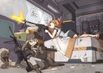  2girls absurdres backpack bag balthilde_(girls'_frontline_2) barefoot black_shorts blonde_hair blue_eyes boots breasts broken_glass broken_window brown_boots brown_coat bullet_hole coat commentary_request commission elmo_dormitory_outfit feet firing girls'_frontline girls'_frontline_2:_exilium glass glasses gun haldeco hat high_ponytail highres imi_galil_galatz indoors lahti-saloranta_m/26 light_machine_gun littara_(girls'_frontline_2) lying machine_gun medium_breasts multiple_girls on_bed on_stomach orange_hair ponytail reloading short_hair shorts skeb_commission stuffed_animal stuffed_toy sweatdrop teddy_bear toes weapon weapon_case wkp_(girls'_frontline) wristband 