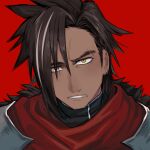  1boy brown_hair commentary_request ear_piercing forbartz_xylo highres male_focus multicolored_hair piercing portrait red_background scar scar_across_eyebrow scar_on_face simple_background solo streaked_hair suyansuya yellow_eyes yuushakei_ni_shosu 
