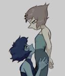  2girls animification blue_hair blue_skin colored_skin commentary english_commentary fake_doe forehead_jewel gem_(steven_universe) highres lapis_lazuli_(reformed)_(steven_universe) lapis_lazuli_(steven_universe) multiple_girls pearl_(steven_universe) shirt short_hair simple_background steven_universe yuri 