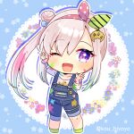  1girl :d ;d airani_iofifteen airani_iofifteen_(1st_costume) arm_up blue_background blue_flower blue_hair blush chibi commentary_request doily drop_shadow flower full_body gradient_hair green_socks hair_bun hand_up hololive hololive_indonesia indonesian_commentary kou_hiyoyo long_hair long_sleeves multicolored_hair one_eye_closed outline overalls paint_splatter paint_splatter_on_face pink_hair puffy_long_sleeves puffy_sleeves purple_eyes purple_flower shirt side_ponytail single_side_bun smile socks solo standing star_(symbol) twitter_username very_long_hair virtual_youtuber white_flower white_outline white_shirt 