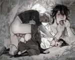  2boys anal animal_genitalia_on_humanoid animal_penis annas_anya ass closed_eyes clothed_sex clothes_pull commentary commission english_commentary erection facial_mark grass greyscale highres knotted_penis male_focus male_penetrated monochrome multiple_boys multiple_views naruto_(series) on_floor on_one_knee pants pants_pull penis red_eyes saliva sex sex_from_behind shirt short_hair testicles top-down_bottom-up torn_clothes torn_shirt tree uchiha_sasuke uzumaki_naruto whisker_markings yaoi 