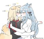  2girls animal_ears bang_dream! bang_dream!_it's_mygo!!!!! black_shirt blonde_hair blue_hair blush cat_ears cat_girl cat_tail closed_eyes collar commentary dog_ears dog_girl dog_tail ear_blush heart holding holding_another's_tail holding_leash kemonomimi_mode korean_commentary korean_text leash licking licking_another's_face long_hair medium_hair misumi_uika multiple_girls red_collar shirt sidelocks simple_background tail tail_wagging togawa_sakiko translation_request wheloo3rd white_background white_shirt 