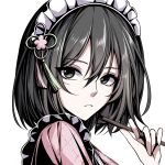  1girl apron black_hair commentary dress flower_knot grey_eyes hair_between_eyes hair_ornament highres holding_tool liu_ruo looking_at_viewer maid maid_apron maid_headdress mikasa_ackerman parted_lips pink_dress print_dress scar scar_on_cheek scar_on_face shingeki_no_kyojin short_hair solo tassel tassel_hair_ornament untranslatable_commentary upper_body white_background 