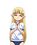  1girl ^_^ blonde_hair breasts buruma closed_eyes closed_mouth cowboy_shot elf eye_of_the_twinkle_star_(manjuverunu) game_asset gym_shirt gym_uniform large_variant_set long_hair lowres manjuverunu_no_sen_otome medium_breasts non-web_source official_art own_hands_clasped own_hands_together pointy_ears self-datamine shirt short_sleeves simple_background siubomanjyu smile solo standing tachi-e transparent_background variant_set very_long_hair 